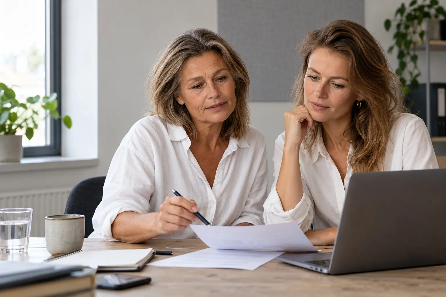 Twee mensen bespreken documenten naast een laptop